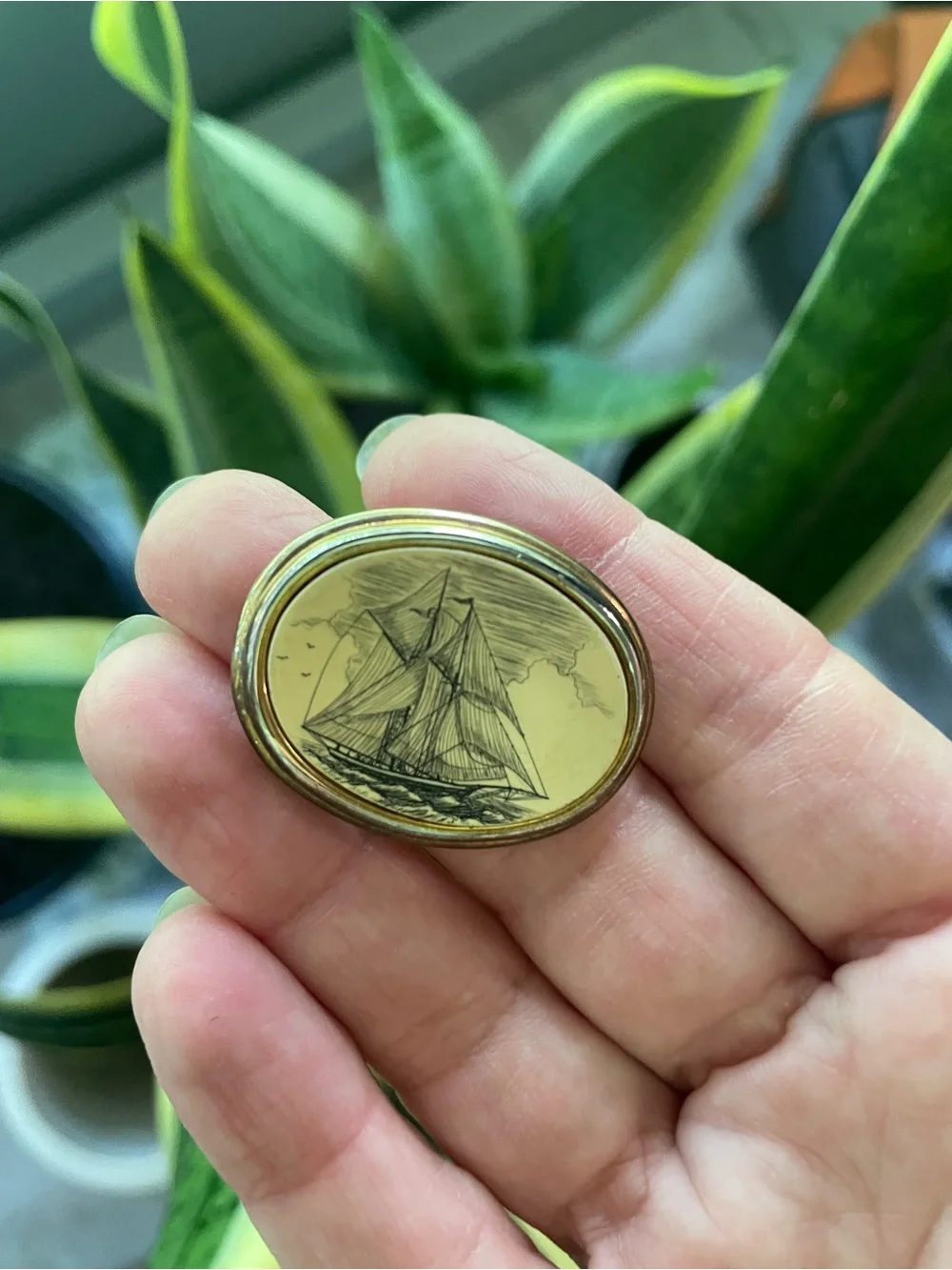 Gold Tone Ship Engraving Brooch Pin - Elegant Nautical Accent. BARLOW